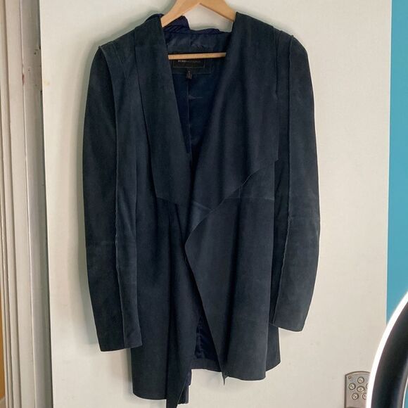 BCBG Womens Size S Navy Blue Leather Coat Draped Layered Waterfall Front Jacket - Picture 9 of 16